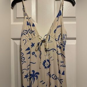 Artistic Blue and Cream V-Neck Dress